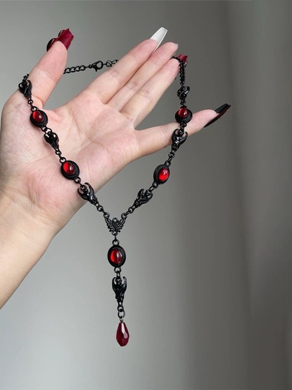 Gothic Black Necklace with Red Cabochon Drops